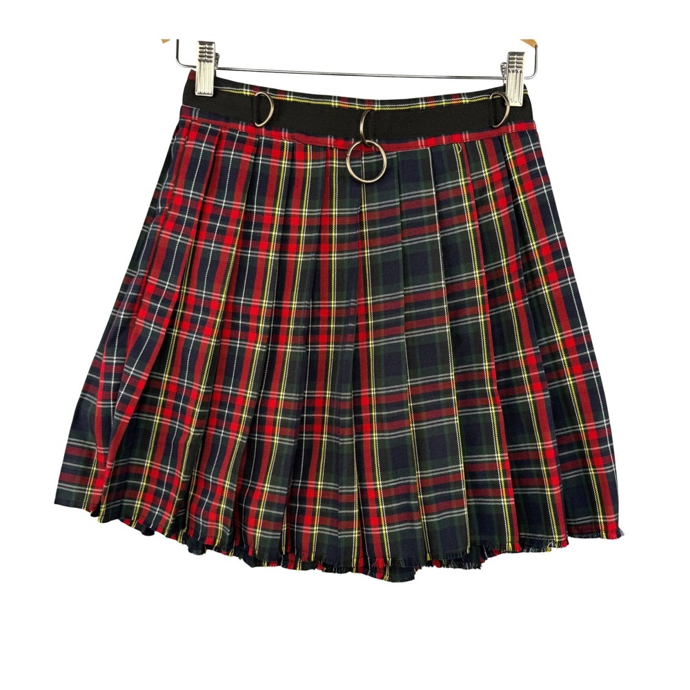 Current Mood Dolls Kill Size‎ Small Red Plaid Pleated Mini Skirt D-Ring Zip Back